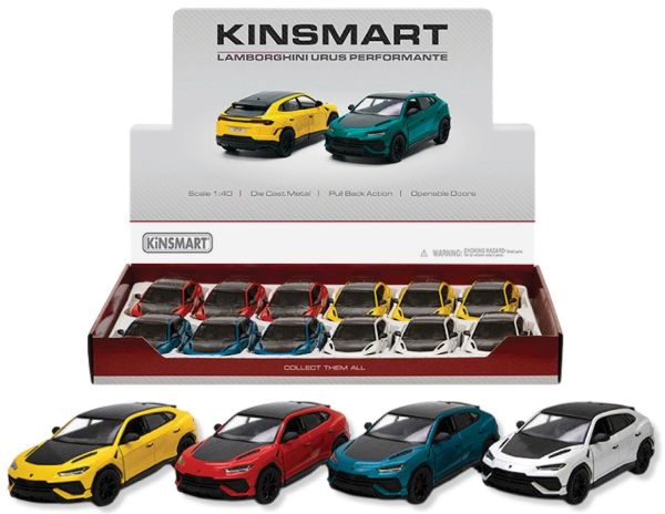 KINSMART – Lamborghini URUS Performante – Modellino cm12 c/porte apribili – c/pull-back and go In espo da 12pz (40x28cm) 4ass…x12…x48